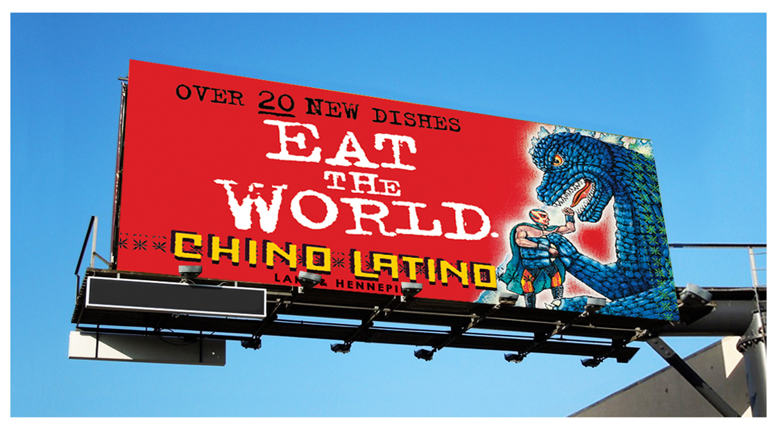 Chino Latino Billboard With Godzilla Eating The World