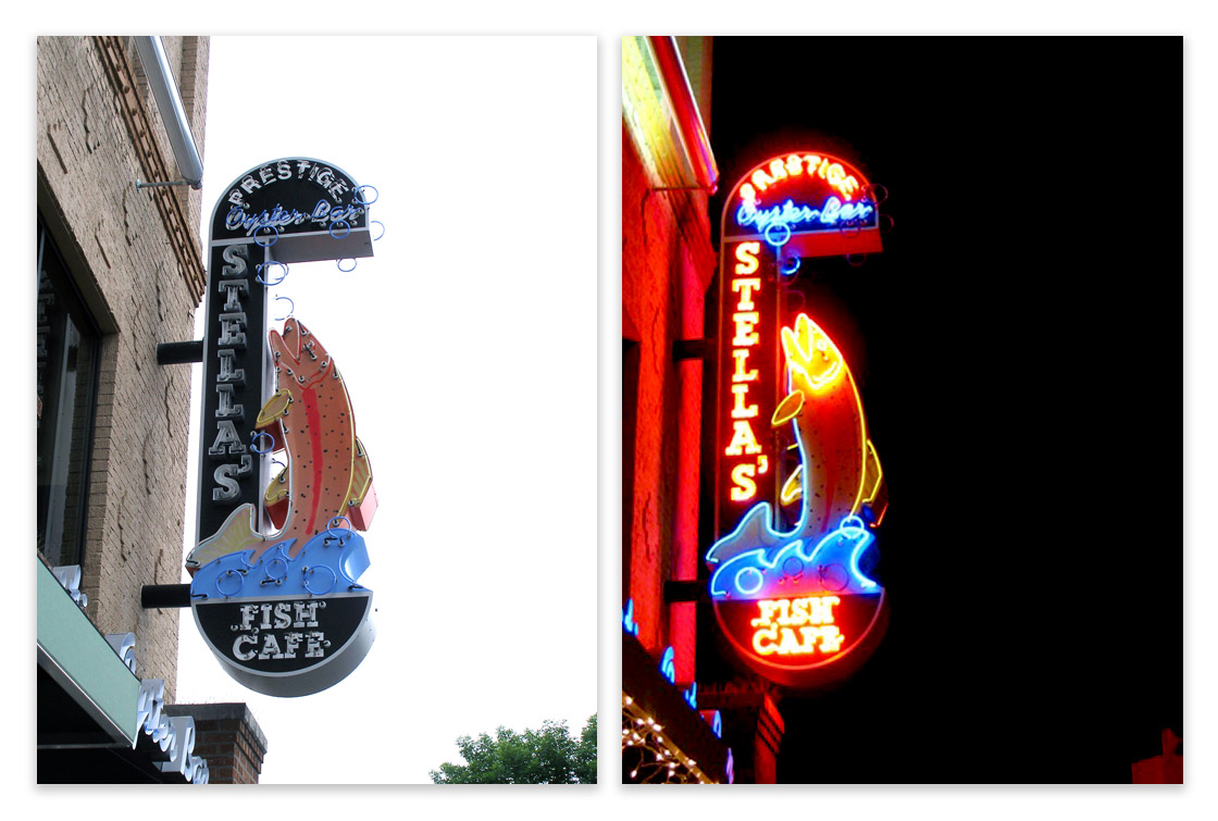 Stellas Blade Sign During the Day and Night